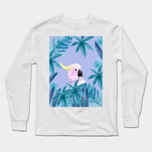 Cockatoo with tropical leaves in watercolor and a violet background Long Sleeve T-Shirt